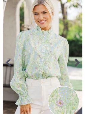 Shop the Mint “So True” Green Floral Blouse Long Sleeve Ruffle Accents NWOT XL